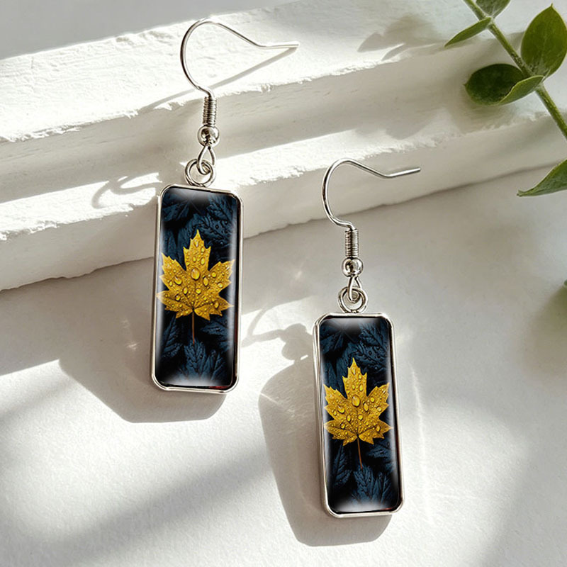 Golden Maple Leaf Stainless Steel Rectangular Drop Earrings